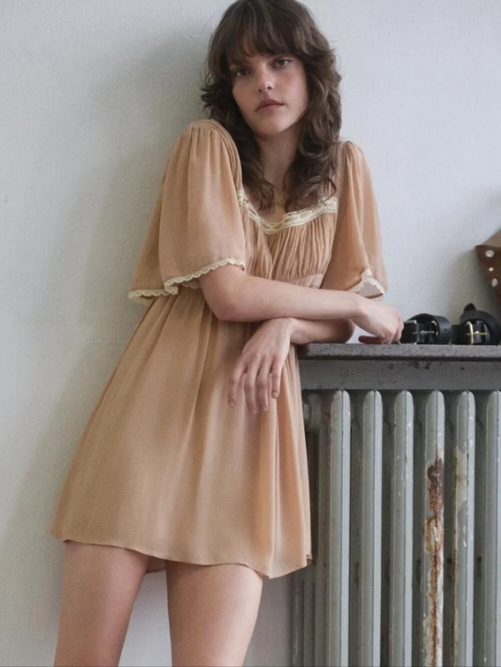 ✨SOLD✨NWT Zara Contrast Lace-Trim Puff Sleeve Babydoll Mini Dress In Tan - S